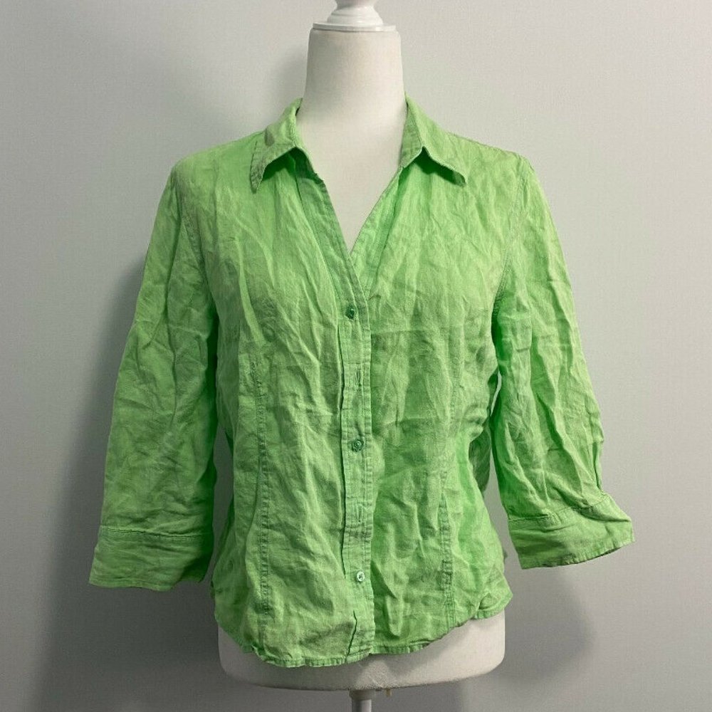 Talbots Petites Irish Linen Green Shirt Size‎ L